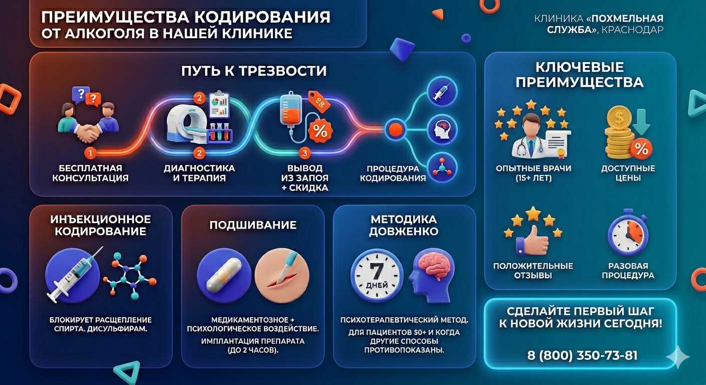 Инфографика о методах кодирования от алкоголя в Елани: инъекции, подшивание, метод Довженко. Преимущества клиники и этапы лечения.